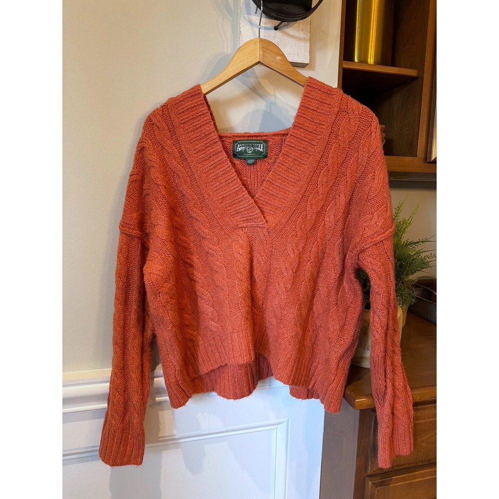 American Eagle Cable Knit Hoodie Women's Small Orange Boxy Fisherman Sweater
